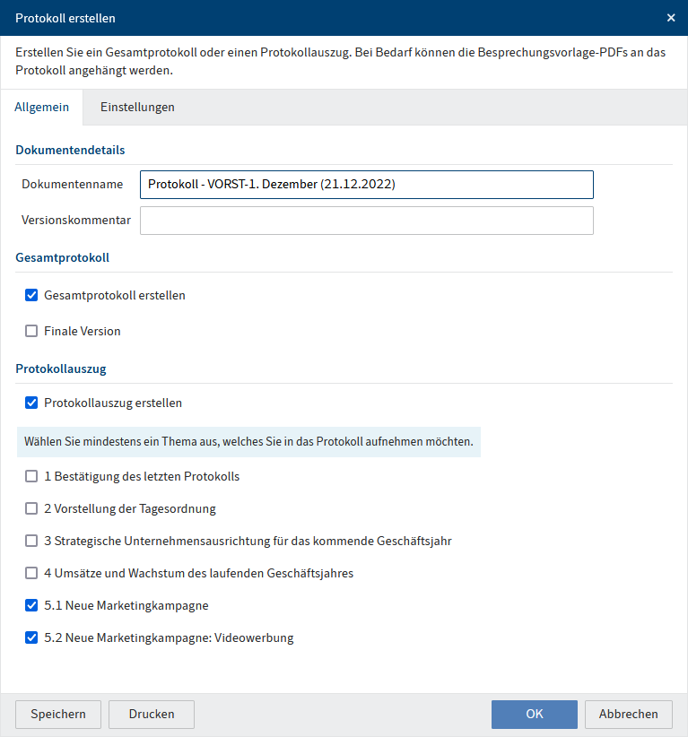 Dialog 'Protokoll erstellen'