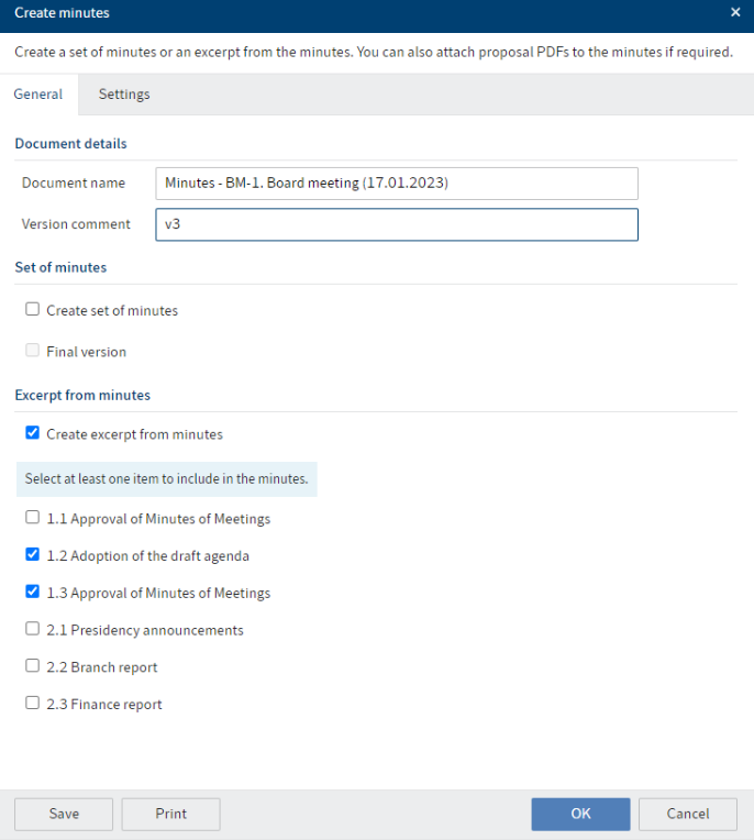 'Create minutes' dialog box