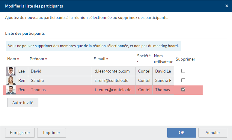 Dialogue 'Modifier la liste des participants'