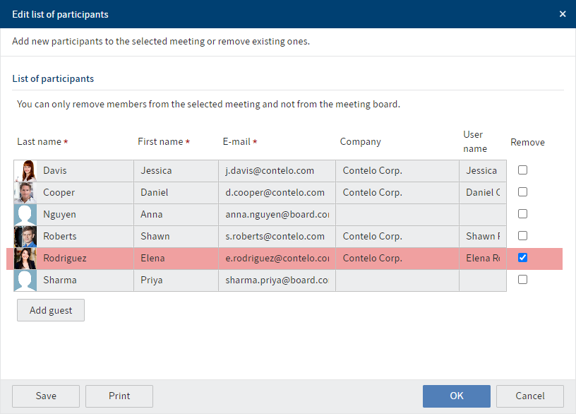 'Edit list of participants' dialog box