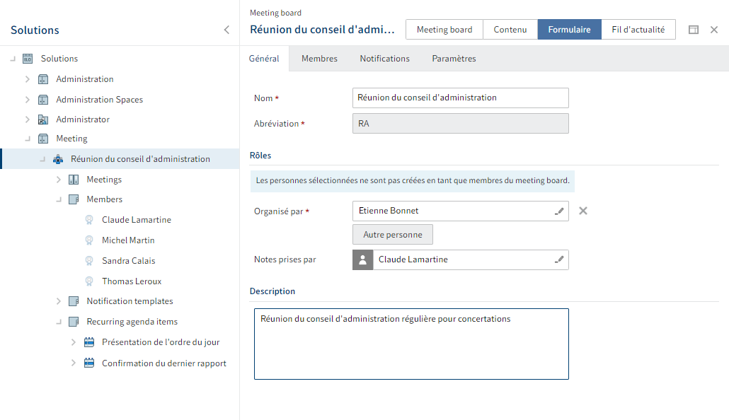 Formulaire du meeting board