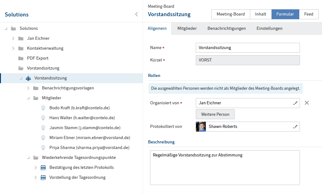Formular des Meeting-Boards
