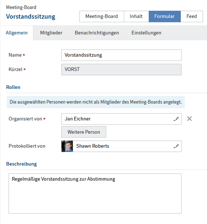 Formular eines Meeting-Boards