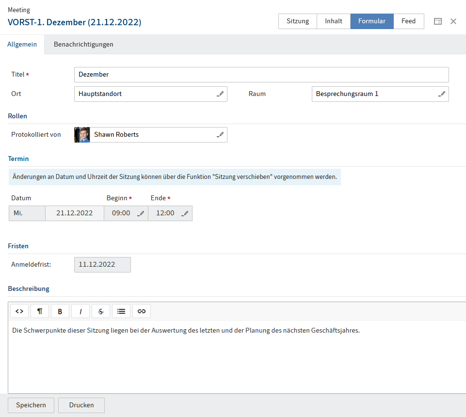 Formular einer Sitzung