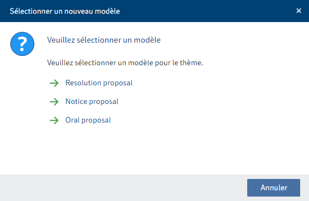 Dialogue 'Sélectionner un nouveau modèle de réunion'