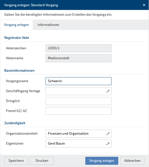 Dialog 'Vorgang anlegen'