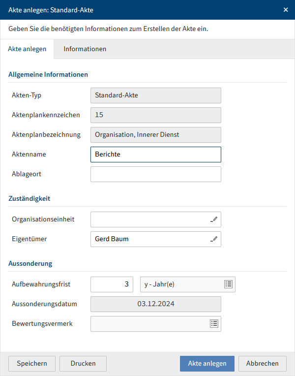 Dialog 'Akte anlegen'