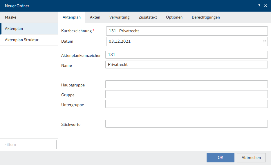 Dialog 'Neuer Ordner', Maske 'Aktenplan'