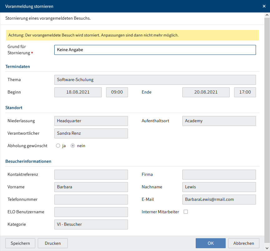 Dialog 'Voranmeldung stornieren'