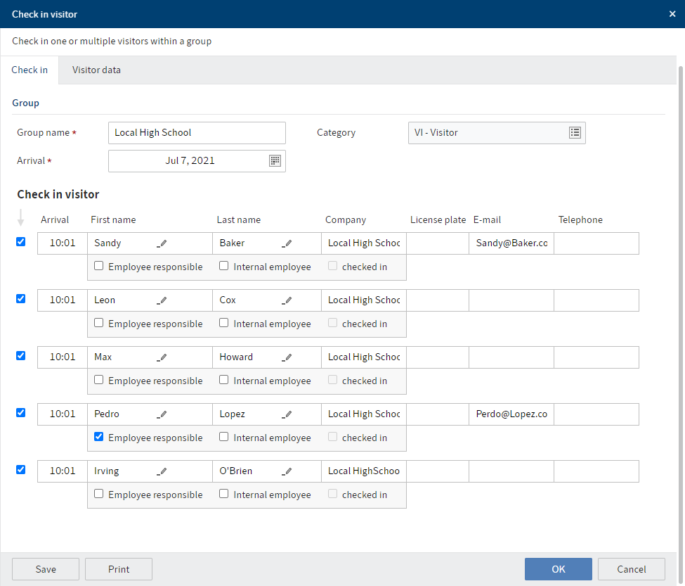 Dialog 'Besuch einchecken', Tab 'Check-in'