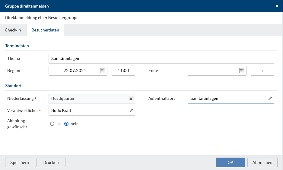 Dialog 'Gruppe direktanmelden', Tab 'Besucherdaten'