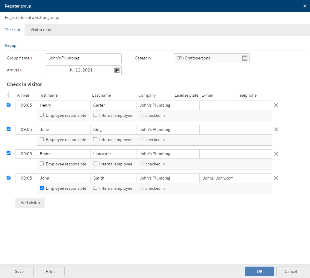 Dialog 'Gruppe direktanmelden', Tab 'Check-in'