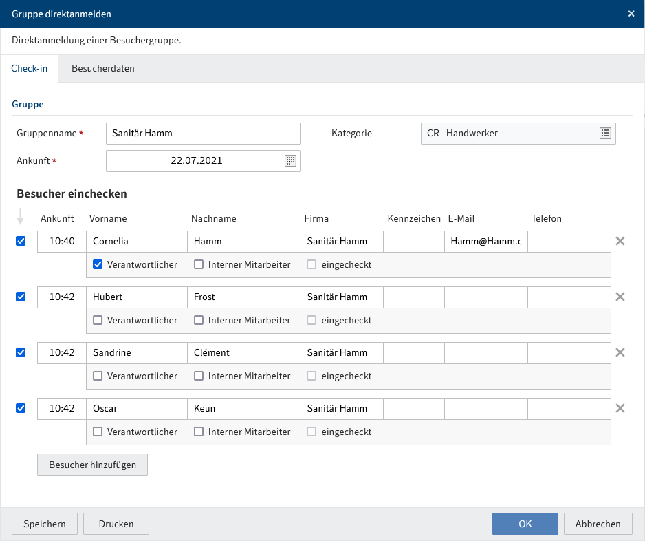 Dialog 'Gruppe direktanmelden', Tab 'Check-in'