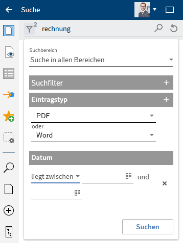 Suchfilter 'Datum'; Option 'liegt zwischen'