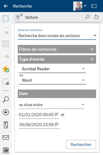 Filtre de recherche "Date"; délimitation avec l'option 'entre'