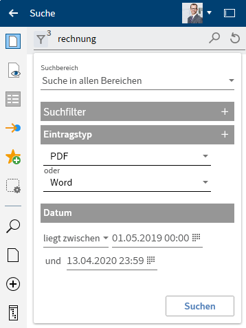 Suchfilter 'Datum'; Eingrenzung mit Option 'liegt zwischen'