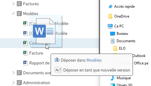 glisser-déposer sur une entrée dans l'arborescence