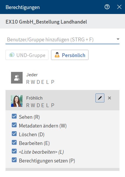 Dialog 'Berechtigungen'; Berechtigungen bearbeiten 