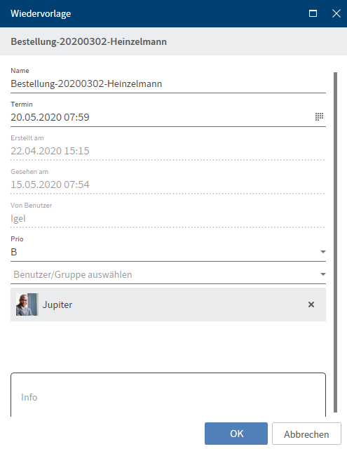 Dialog 'Wiedervorlage ändern'