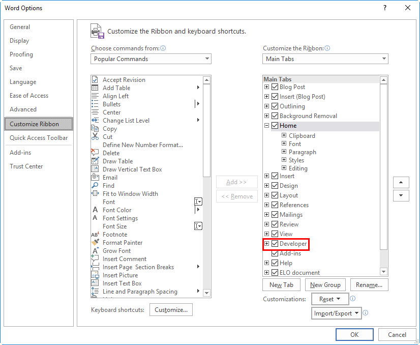 Microsoft Word; 'Word options' dialog box: Enable the Developer tab