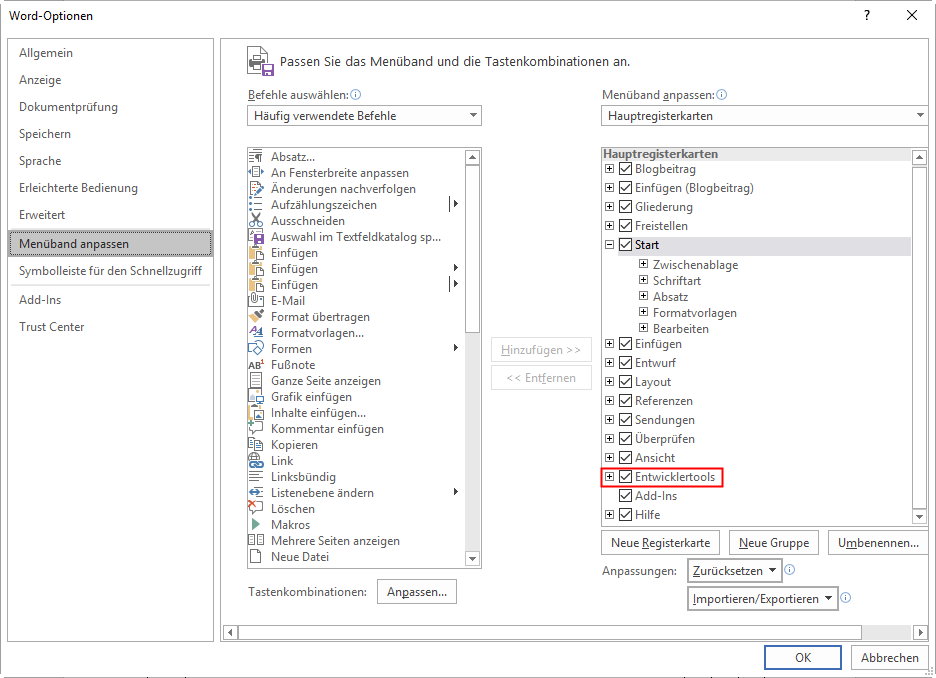 Microsoft Word; Dialog 'Word-Optionen': Aktivieren der Entwicklertools