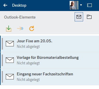 Funktionsbereich 'Desktop'; Ablage von Outlook-Elementen