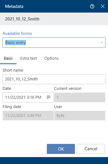 'Metadata' dialog box