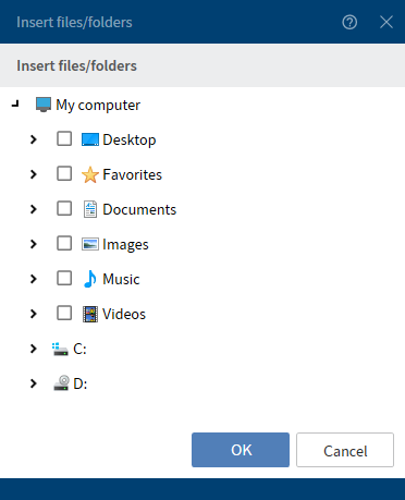 'Insert files/folders' dialog box