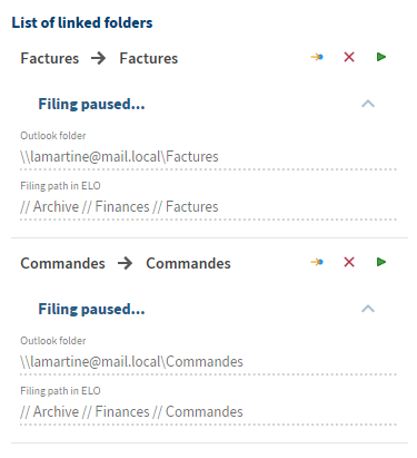 Classeurs Outlook; liste des classeurs rattachés