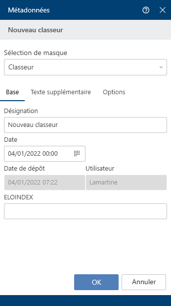 Dialogue 'Métadonnées' lors de la création d'un nouveau classeur