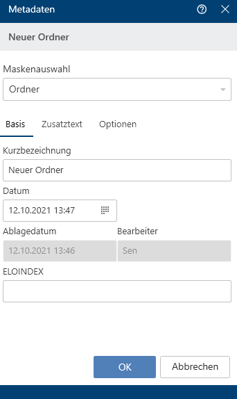 Dialog 'Metadaten' beim Erstellen eines neuen Ordners