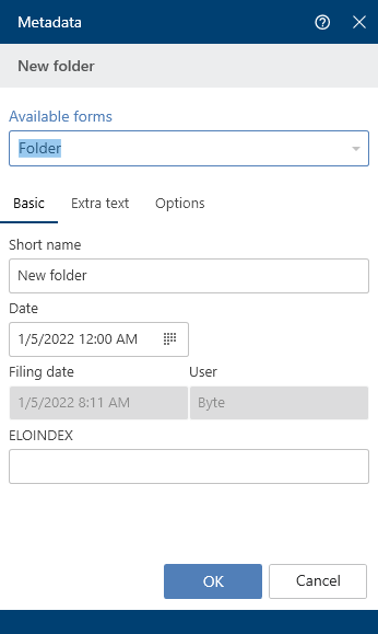 'Metadata' dialog box when creating a new folder