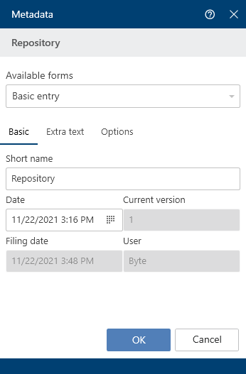 'Metadata' dialog box