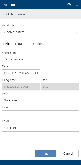 'Metadata' dialog box