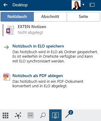Funktionsbereich 'Desktop'; Microsoft OneNote-Notizbuch in ELO ablegen