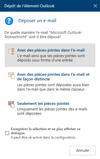 Dialogue 'Dépôt de l'élément Outlook'
