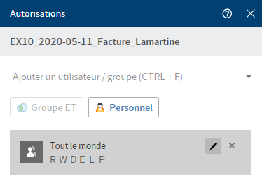 Dialogue 'Autorisations'; ajouter un utilisateur/groupe