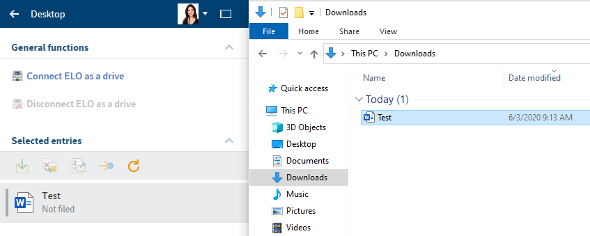 Selected file in the Windows Explorer with status in ELO