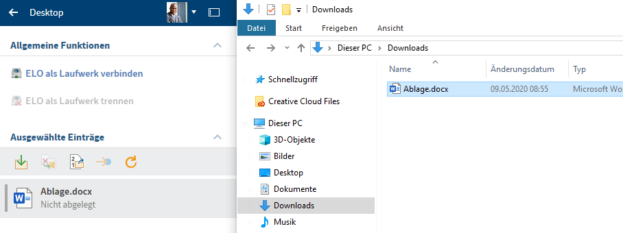 Markierte Datei im Windows-Explorer mit Status in ELO