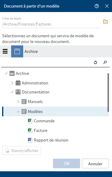Dialogue 'Document à partir d'un modèle'