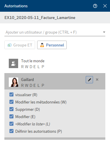 Dialogue 'Autorisation'; modifier les autorisations