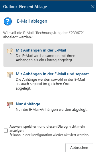 Dialog 'Outlook-Element Ablage'