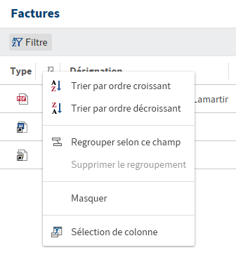 Aperçu de classeur; menu contextuel de l'affichage de tableau