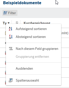 Ordnervorschau; Kontextmenü der Tabellenansicht