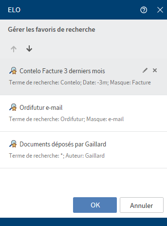 Dialogue 'Gérer les favoris de recherche'