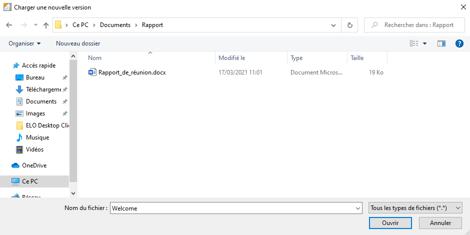 Fenêtre de sélection du fichier dans le système de fichiers.