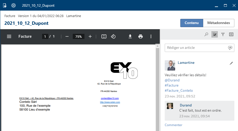 Aperçu pour un document Microsoft Office, affichage 'Contenu'