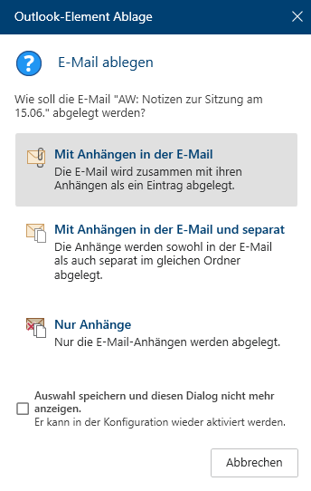 Dialog 'Outlook-Element Ablage'