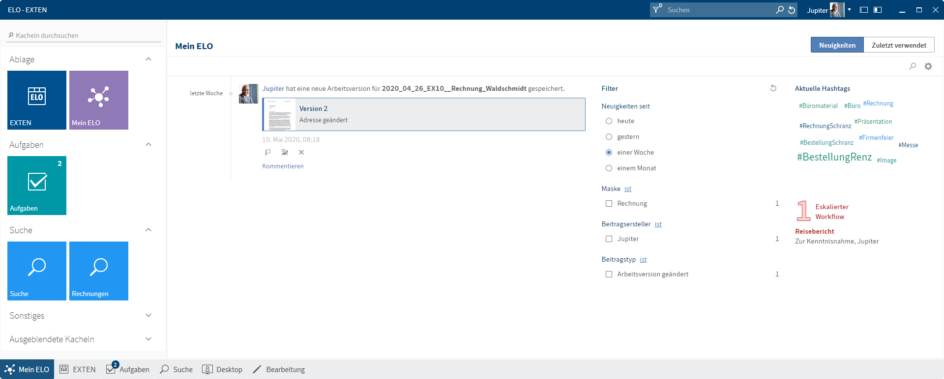 Oberfläche des ELO Desktop Client Plus; Funktionsbereich 'Mein ELO'