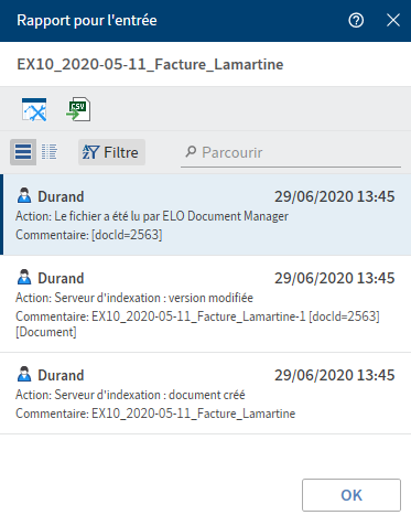 Rapport créé pour l'entrée dans l'affichage de liste